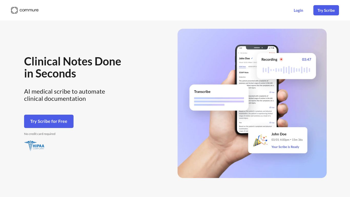 Screenshot of Commure's website landing page, an AI scribe